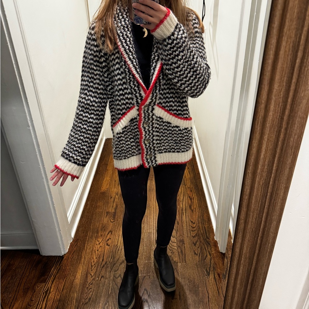 Xirena Alpaca Wool Cardigan size S Chic Black and White Sweater with Red Accents